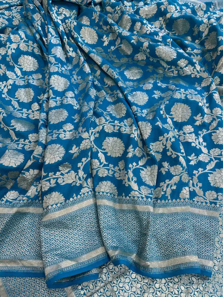 Pure Moonga Silk Banarasi Saree - Sky Blue & Grey Uppada Handwoven Festive Wear - pallu closeup | Pure Moonga Silk Banarasi Saree