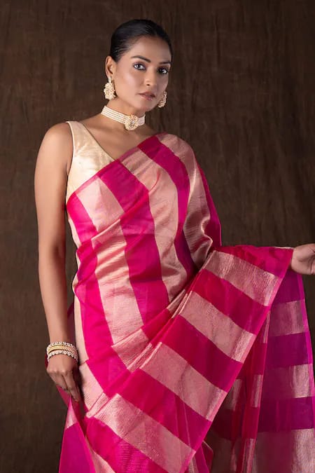 "Pure Tissue Silk Banarasi Saree in Rani Pink with Sona Rupa Zari and Katan Border – Handwoven in Banaras"
