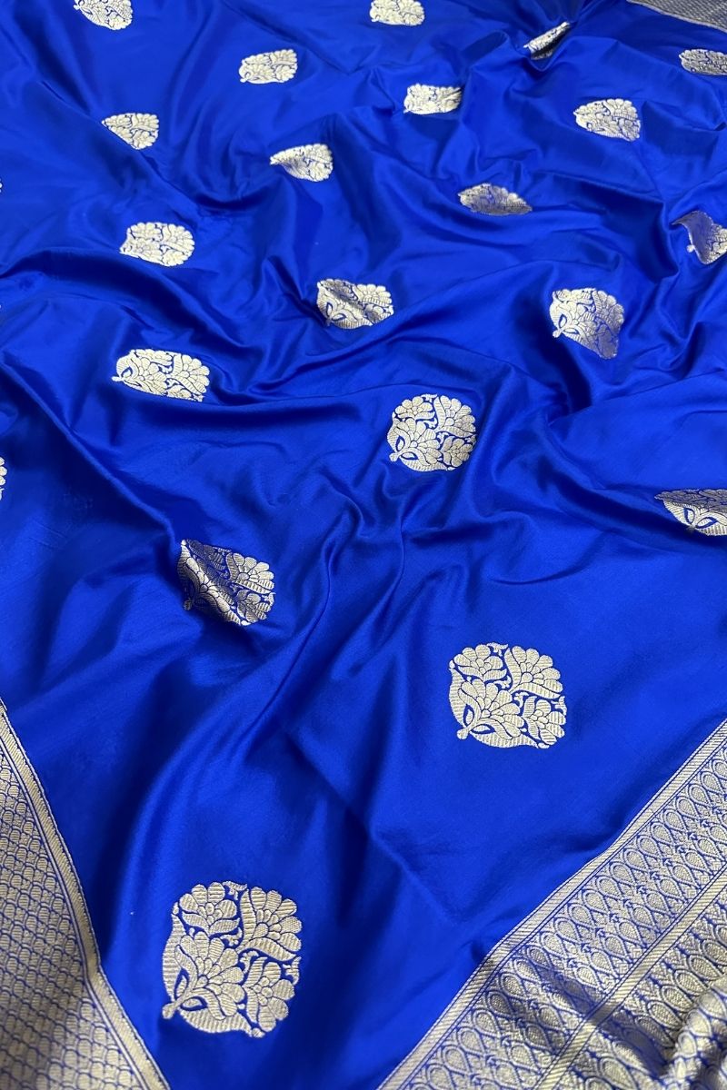 Royal Blue Pure Katan Silk Banarasi Kadhwa Buta Handloom Ektara Weaved Saree with Tested Zari