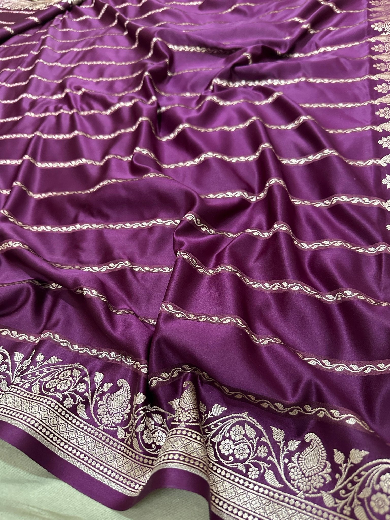 Purple Mashru Silk Stripe Design Zari Border Brocade Aanchal Saree - Katan Banaras