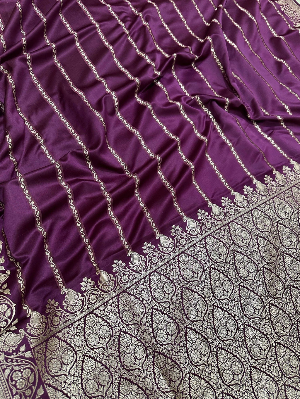 Purple Mashru Silk Stripe Design Zari Border Brocade Aanchal Saree - Katan Banaras