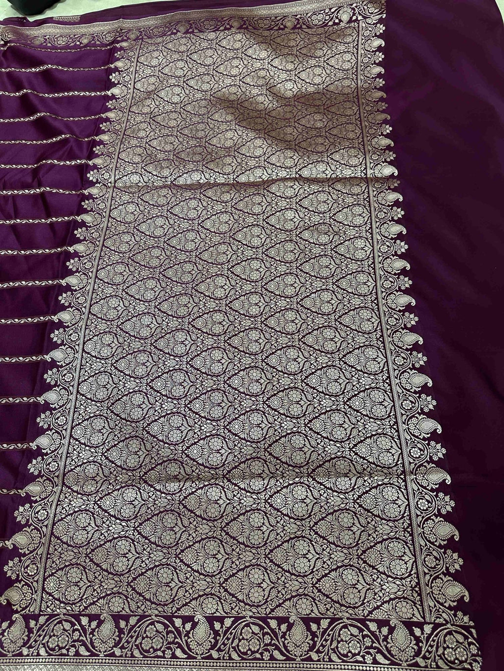 Purple Mashru Silk Stripe Design Zari Border Brocade Aanchal Saree - Katan Banaras