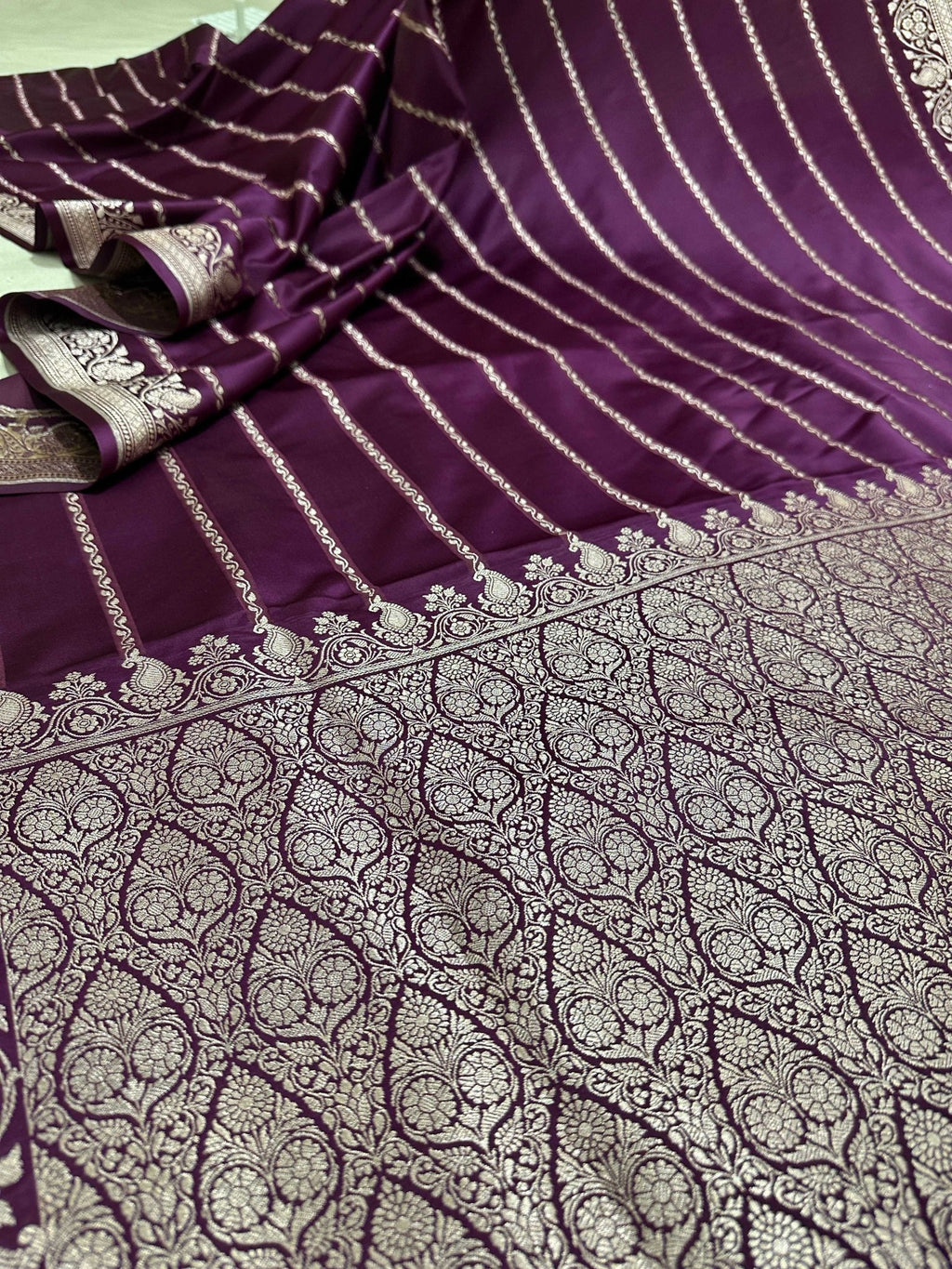 Purple Mashru Silk Stripe Design Zari Border Brocade Aanchal Saree - Katan Banaras