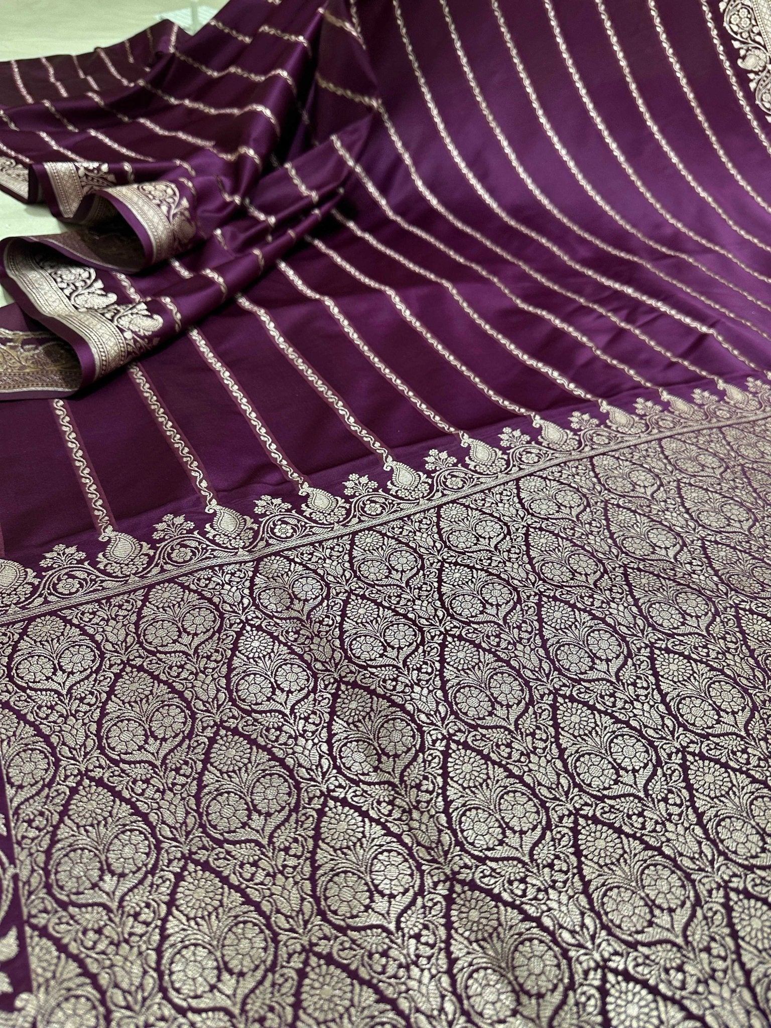 Purple Mashru Silk Stripe Design Zari Border Brocade Aanchal Saree - Katan Banaras