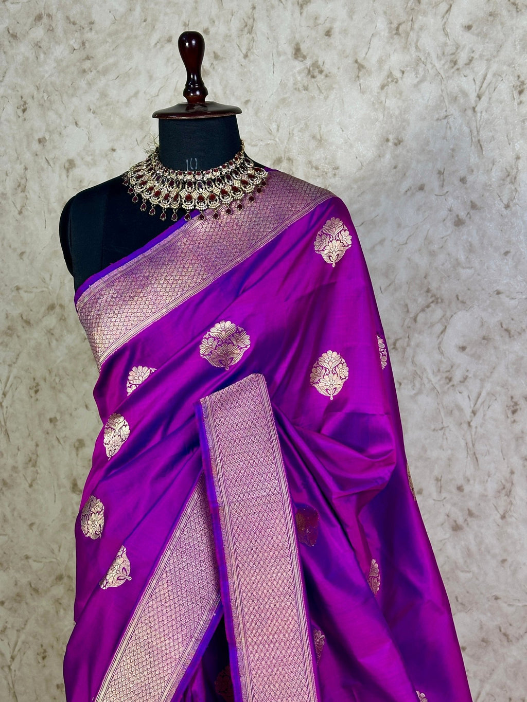 Purple Pure Katan Silk Banarasi Kadhwa Buta Handloom Ektara Weaved Saree with Zari Border - Katan Banaras