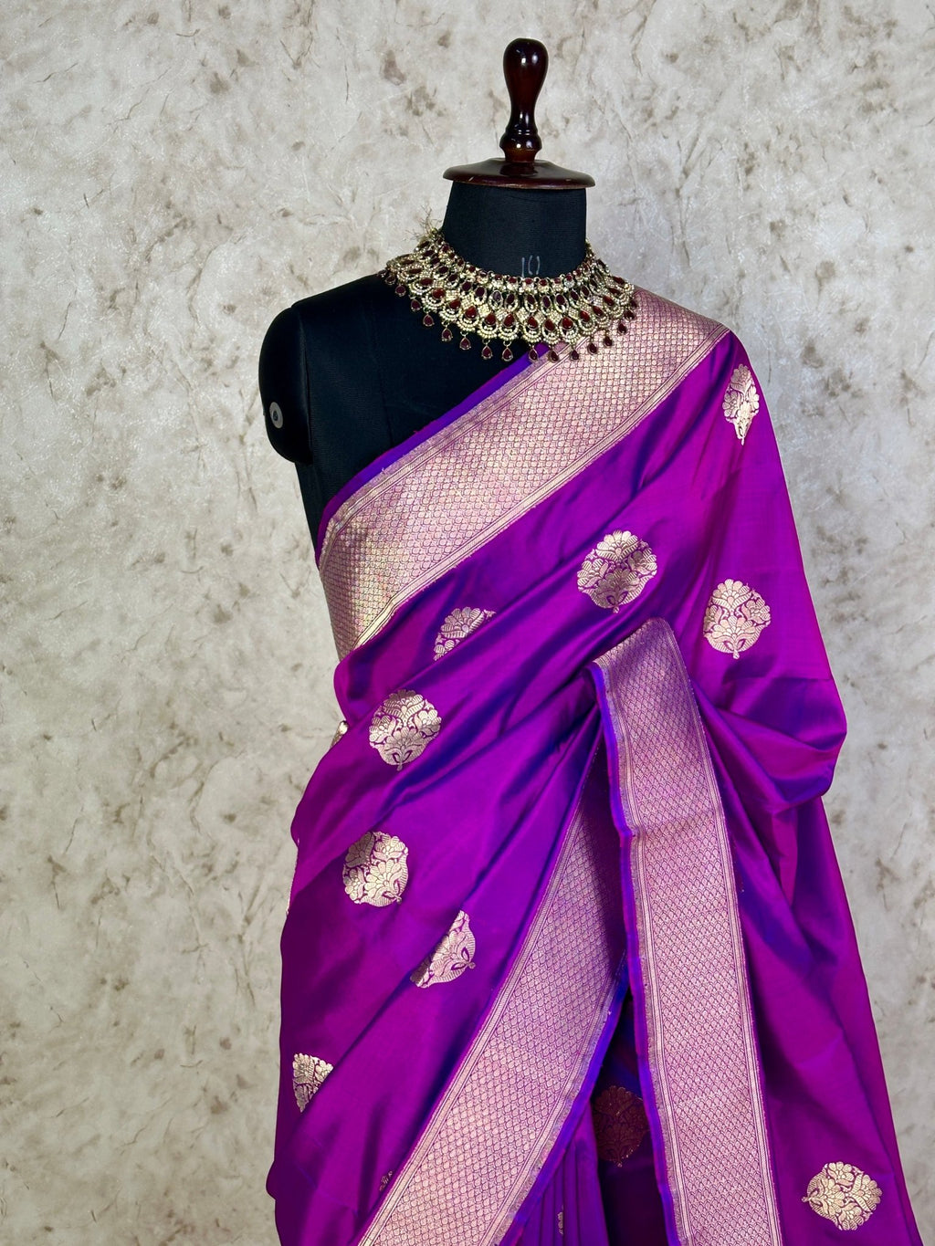 Purple Pure Katan Silk Banarasi Kadhwa Buta Handloom Ektara Weaved Saree with Zari Border - Katan Banaras