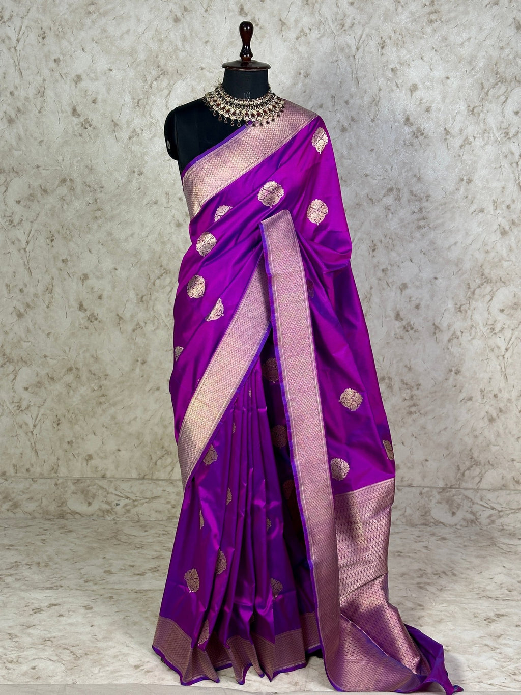 Purple Pure Katan Silk Banarasi Kadhwa Buta Handloom Ektara Weaved Saree with Zari Border - Katan Banaras