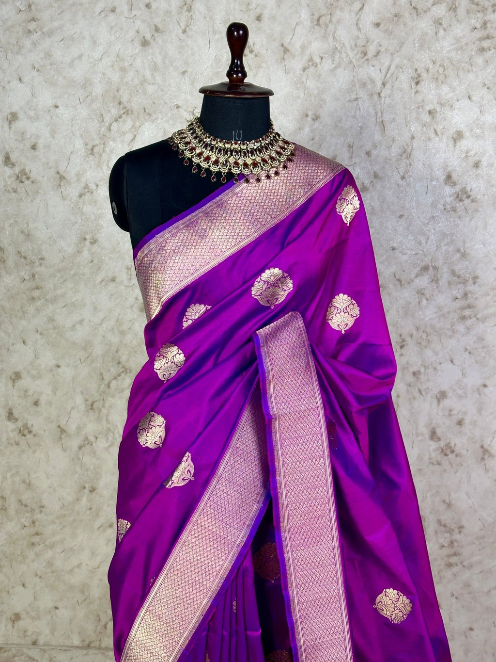 Purple Pure Katan Silk Banarasi Kadhwa Buta Handloom Ektara Weaved Saree with Zari Border - Katan Banaras