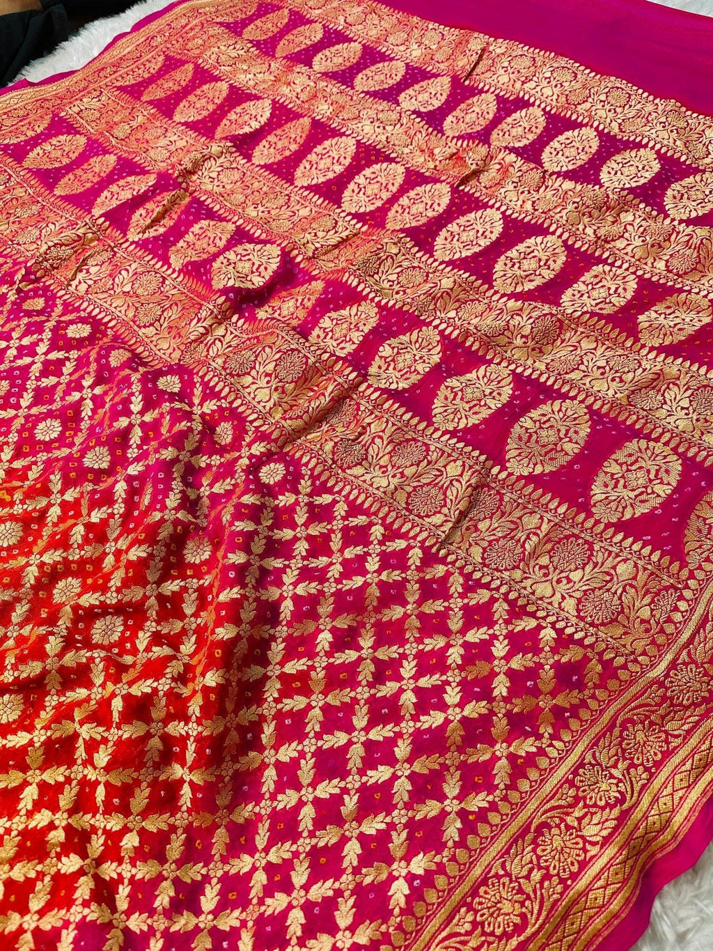 Rani Pink-Crimson Red-Magenta Tri-Color Pure Khaddi Georgette Bandhani Saree with Banarasi Zari Border - Katan Banaras