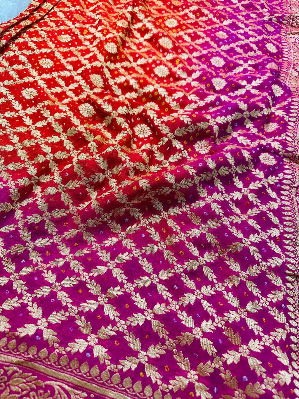 Rani Pink-Crimson Red-Magenta Tri-Color Pure Khaddi Georgette Bandhani Saree with Banarasi Zari Border - Katan Banaras
