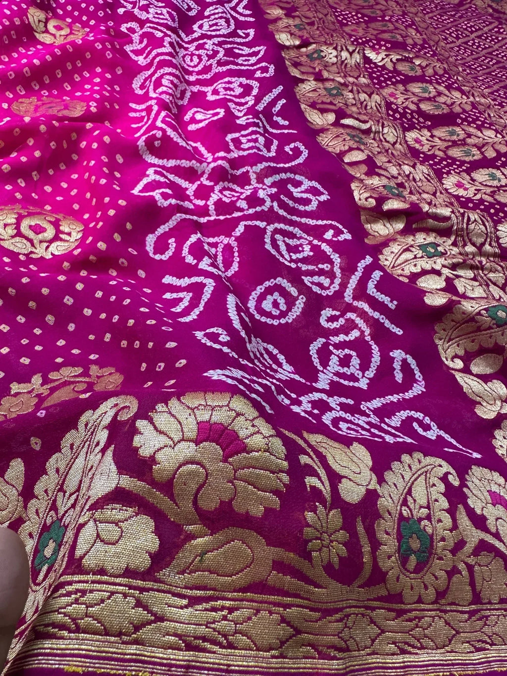 Rani Pink Magenta Pure Khaddi Georgette Bandhani Saree - Katan Banaras