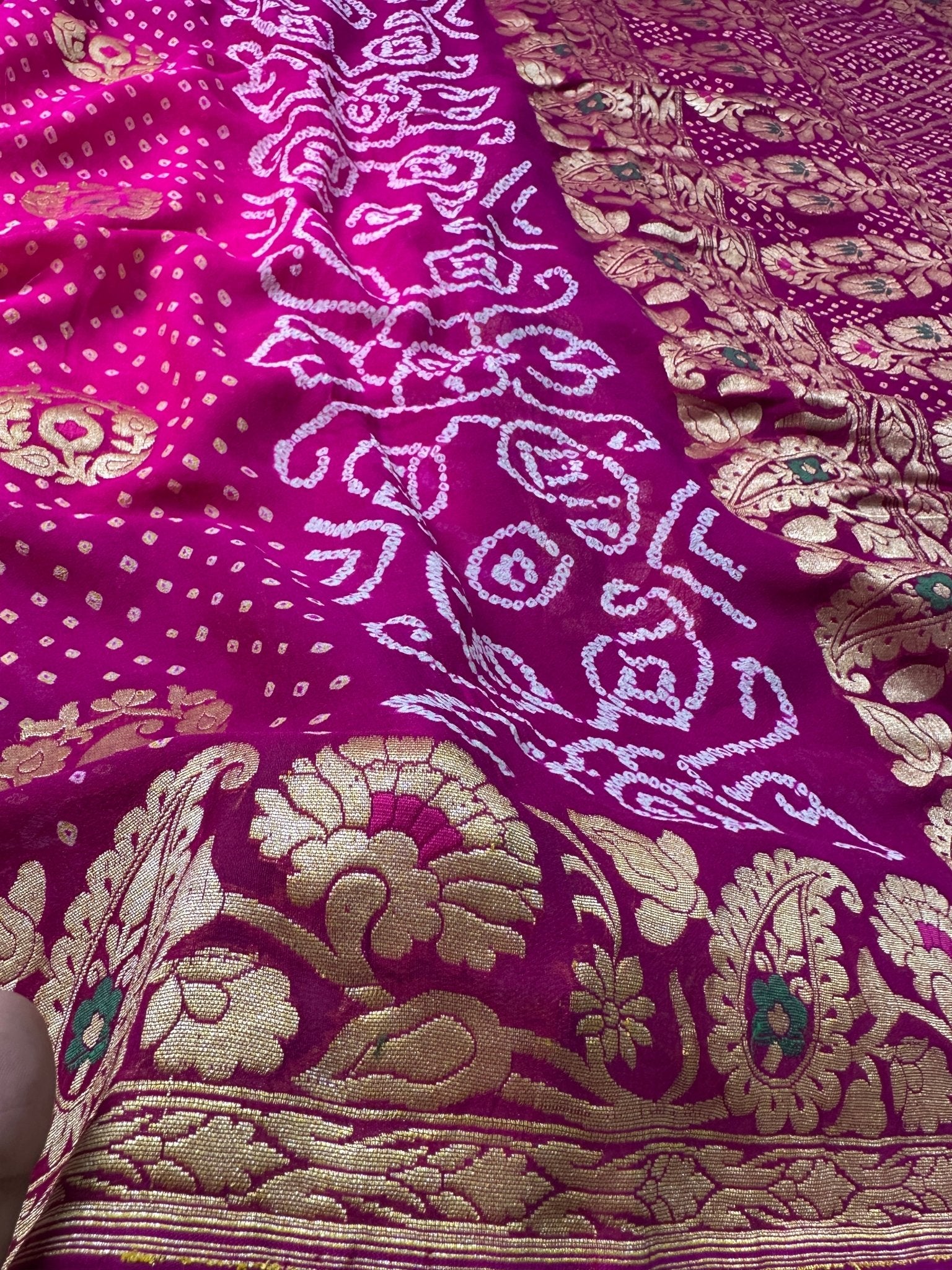 Rani Pink Magenta Pure Khaddi Georgette Bandhani Saree - Katan Banaras