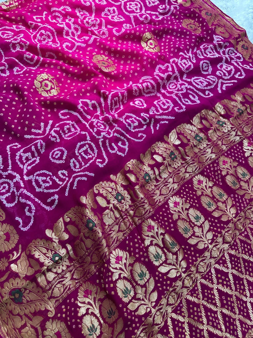 Rani Pink Magenta Pure Khaddi Georgette Bandhani Saree - Katan Banaras