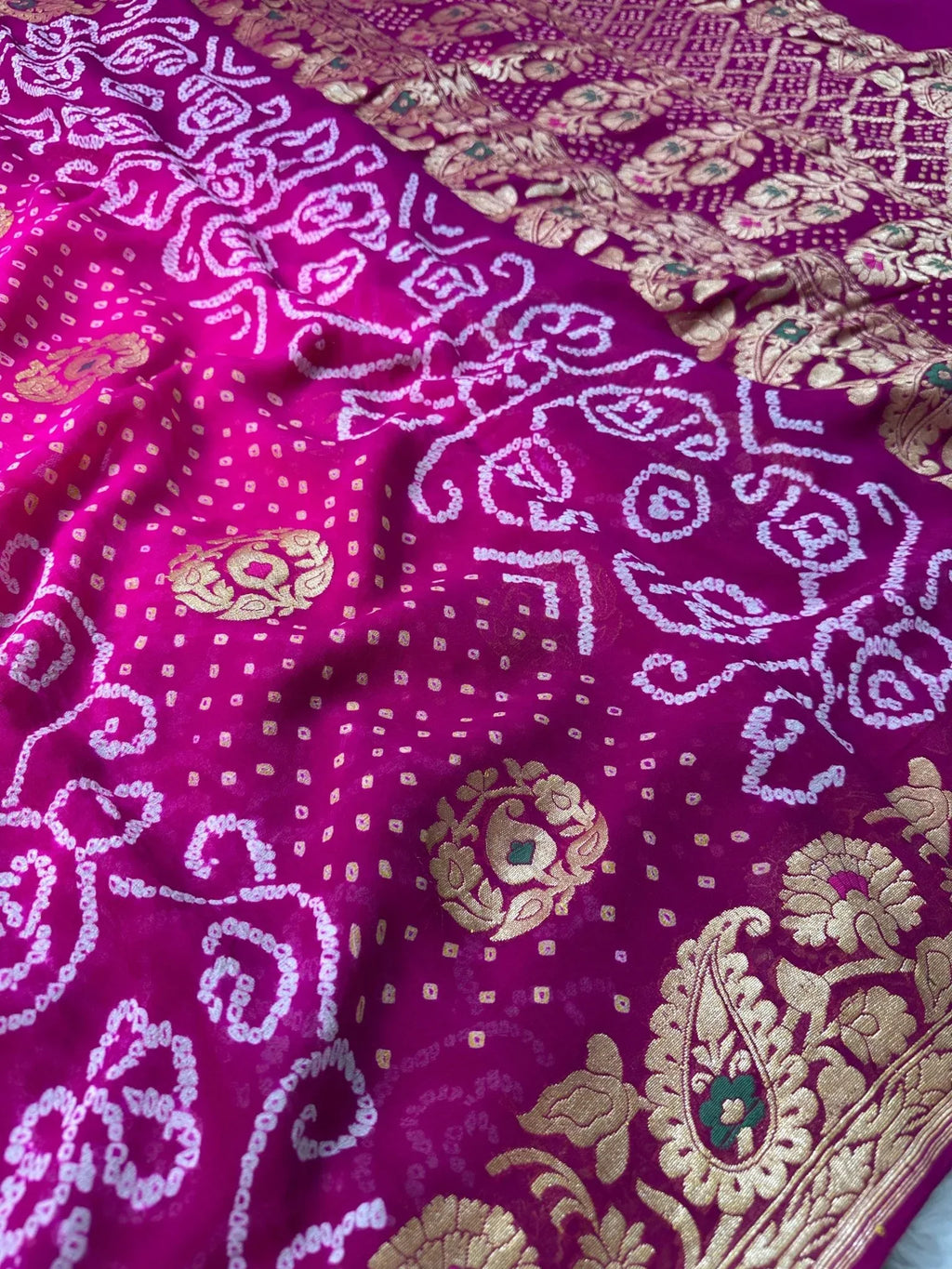 Rani Pink Magenta Pure Khaddi Georgette Bandhani Saree - Katan Banaras