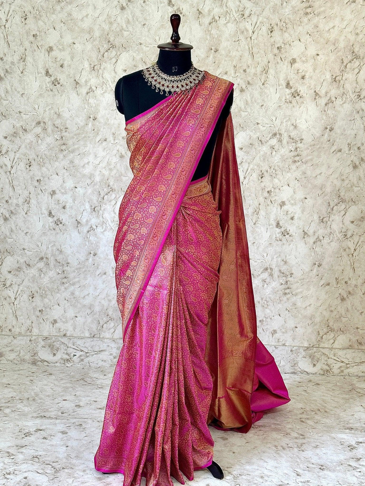 Rani Pink Pure Banarasi Handloom Jamawar Tanchui Kadhwa Interlocked Weaved Saree - Katan Banaras