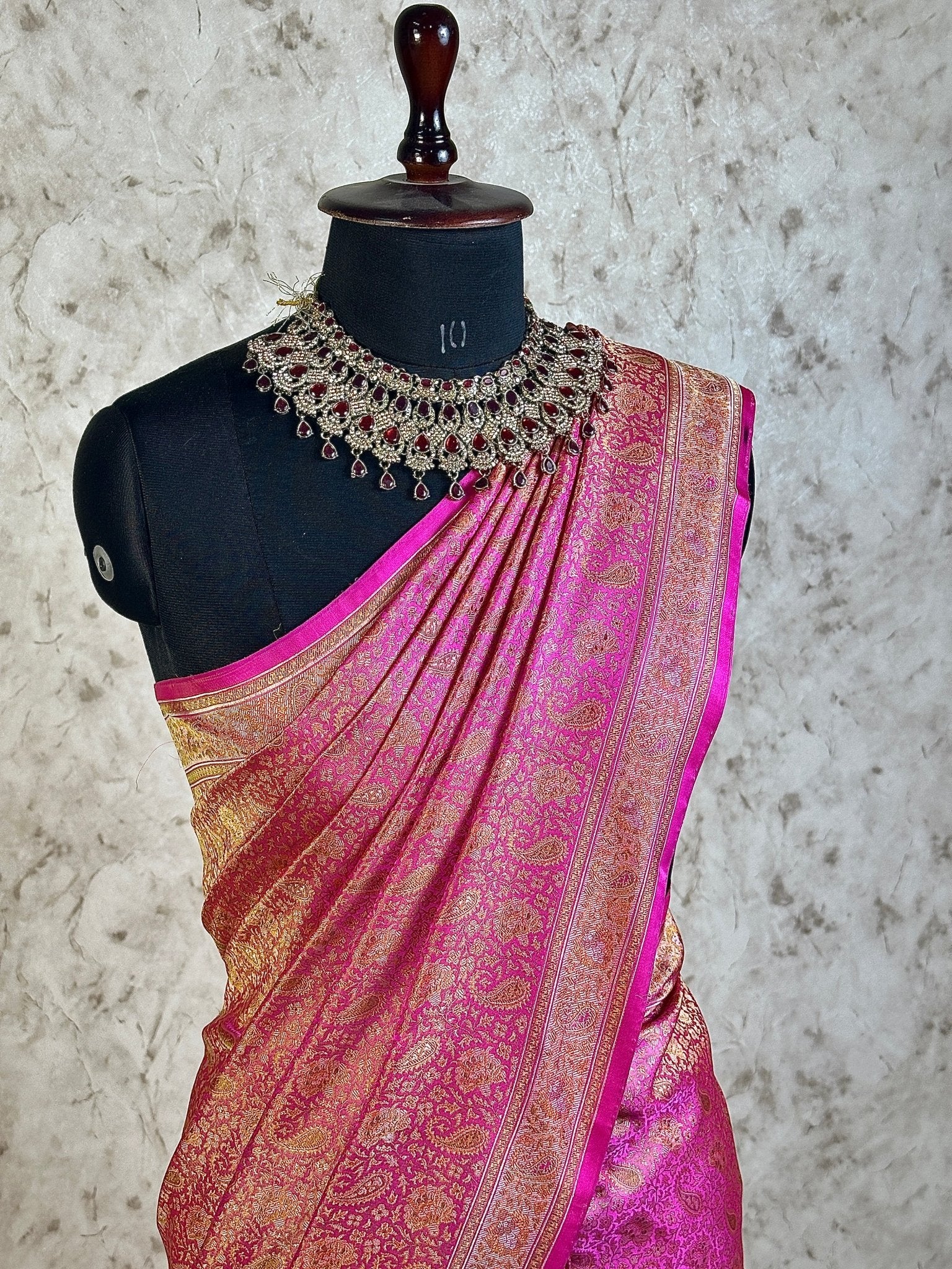 Rani Pink Pure Banarasi Handloom Jamawar Tanchui Kadhwa Interlocked Weaved Saree - Katan Banaras