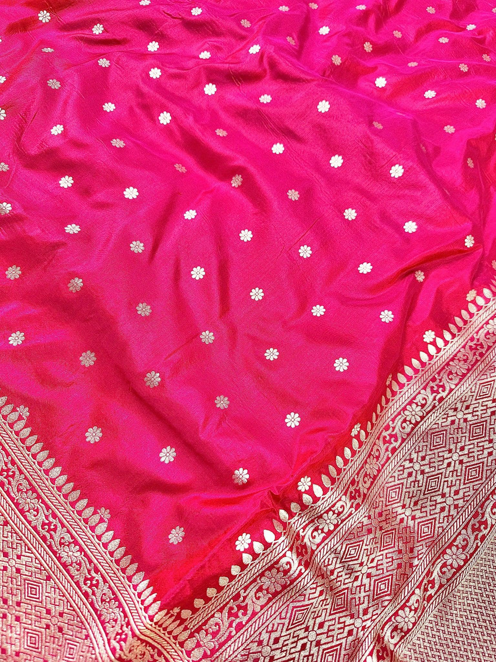 Rani Pink Pure Katan Silk Banarasi Saree with Silver Zari Buti & Traditional Handwoven Border - Katan Banaras