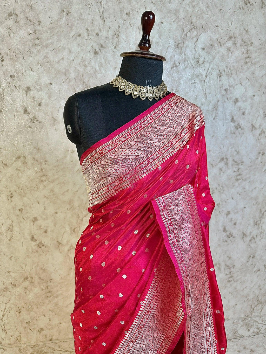 Rani Pink Pure Katan Silk Banarasi Saree with Silver Zari Buti & Traditional Handwoven Border - Katan Banaras