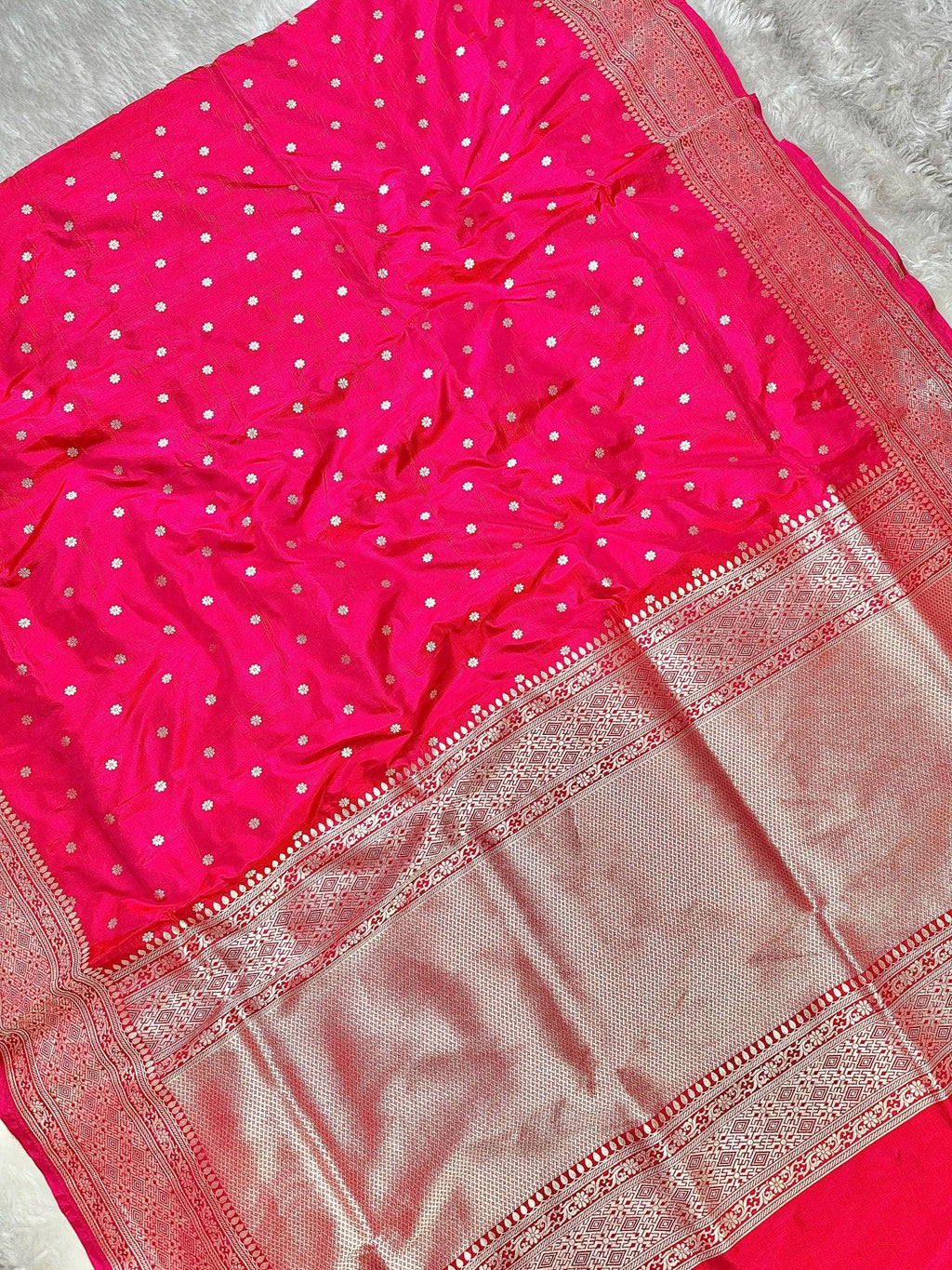 Rani Pink Pure Katan Silk Banarasi Saree with Silver Zari Buti & Traditional Handwoven Border - Katan Banaras