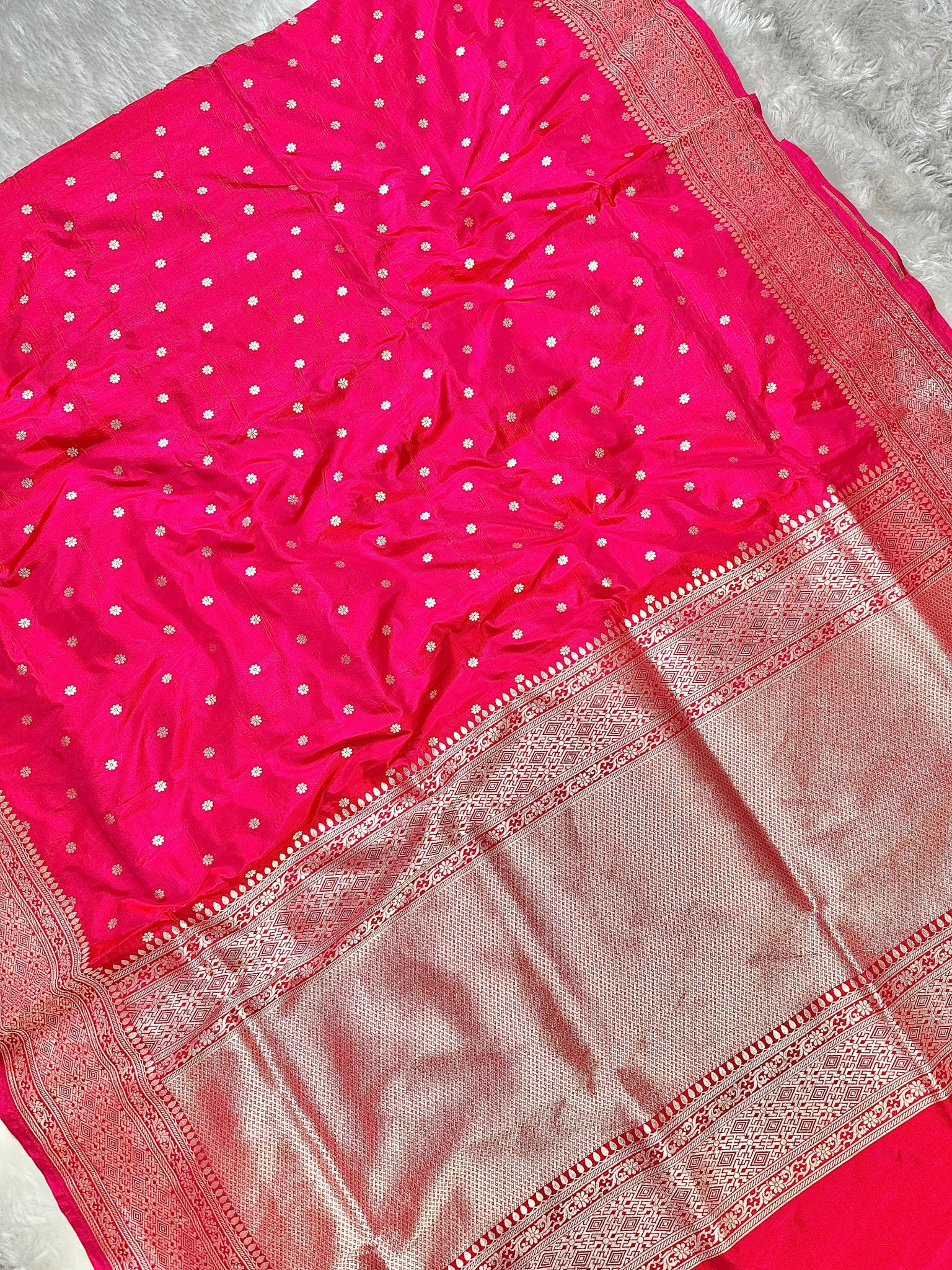 Rani Pink Pure Katan Silk Banarasi Saree with Silver Zari Buti & Traditional Handwoven Border - Katan Banaras
