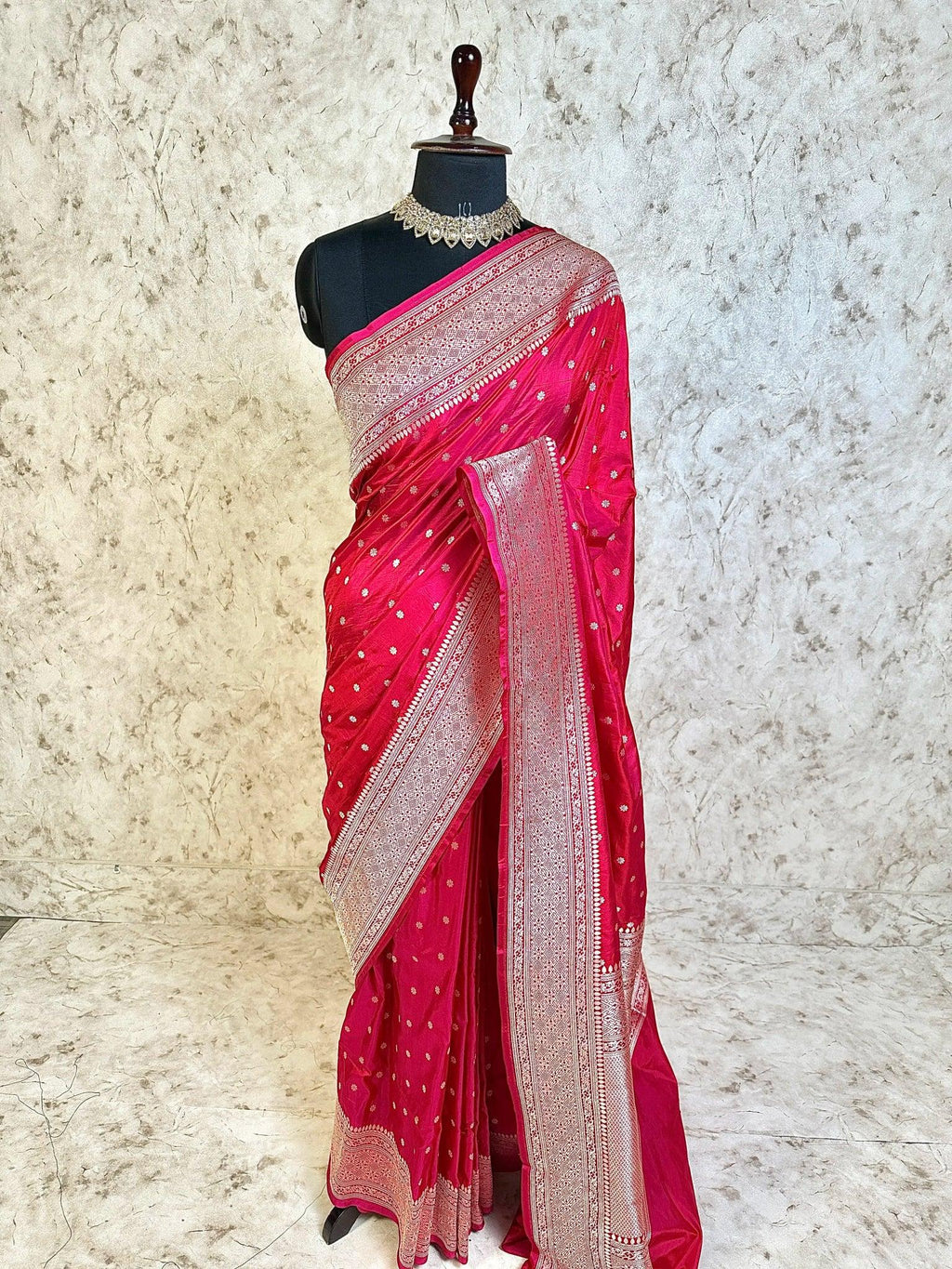Rani Pink Pure Katan Silk Banarasi Saree with Silver Zari Buti & Traditional Handwoven Border - Katan Banaras