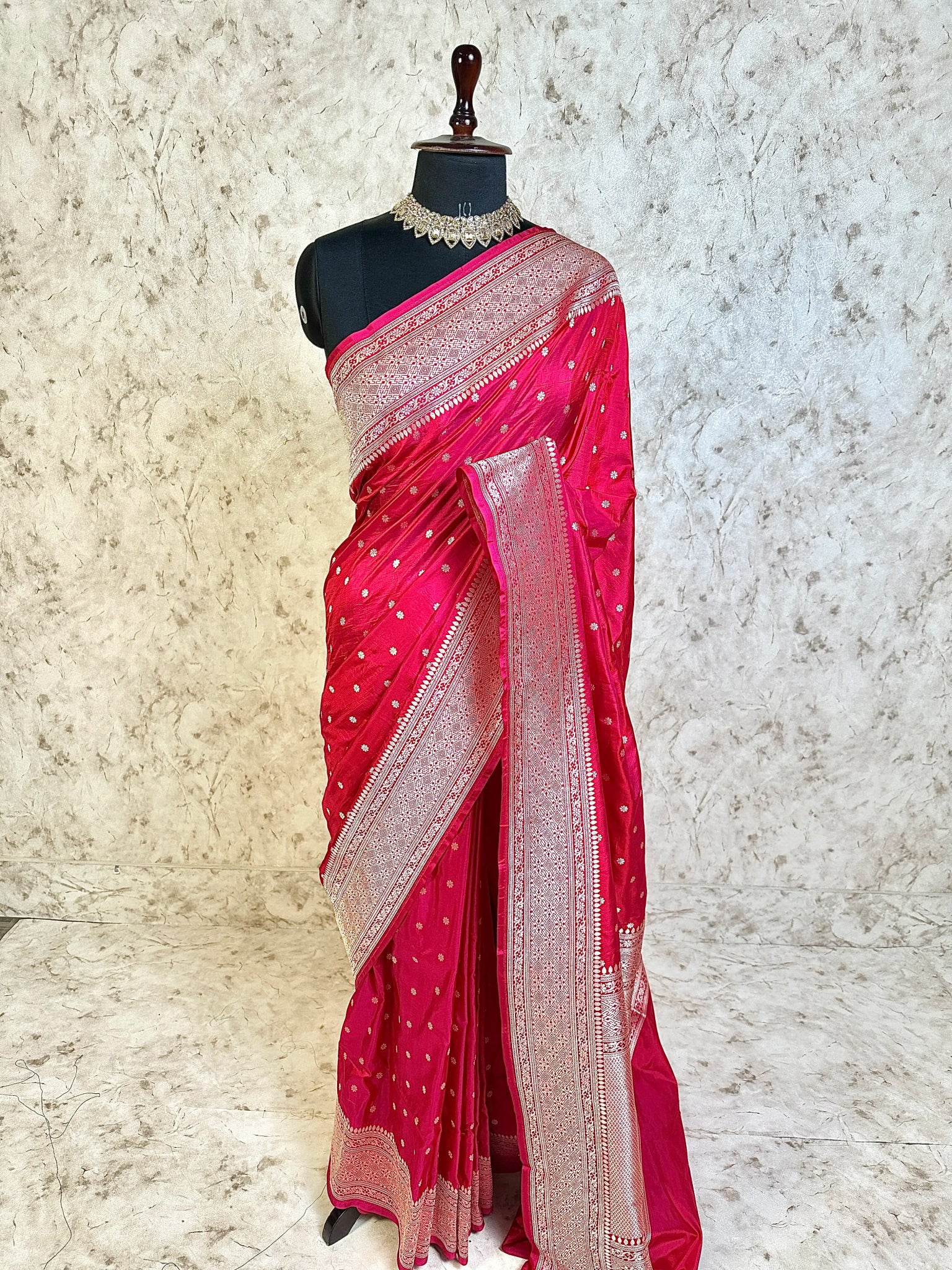 Rani Pink Pure Katan Silk Banarasi Saree with Silver Zari Buti & Traditional Handwoven Border - Katan Banaras
