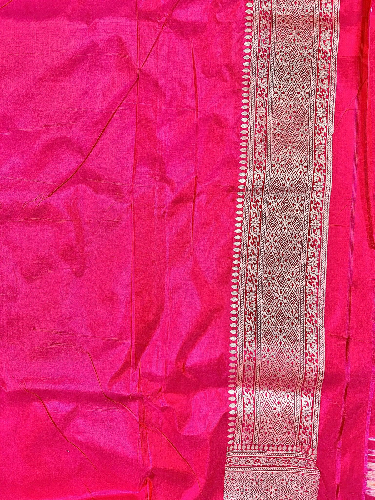 Rani Pink Pure Katan Silk Banarasi Saree with Silver Zari Buti & Traditional Handwoven Border - Katan Banaras