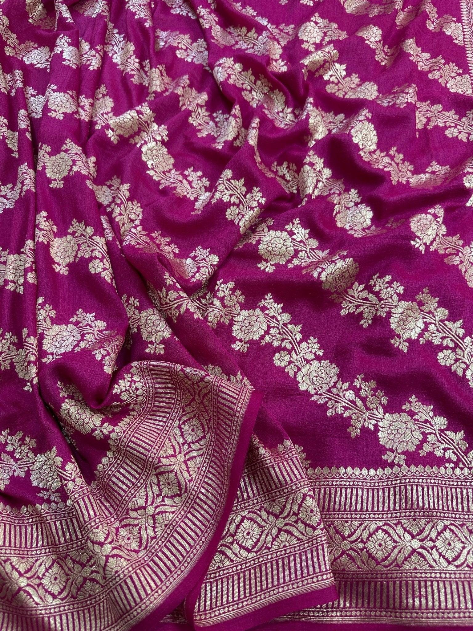Rani Pink Pure Moonga Silk Banarasi Saree with Uppada Weave and Pure Gold Zari - border detail | Pure Moonga Silk Banarasi Saree