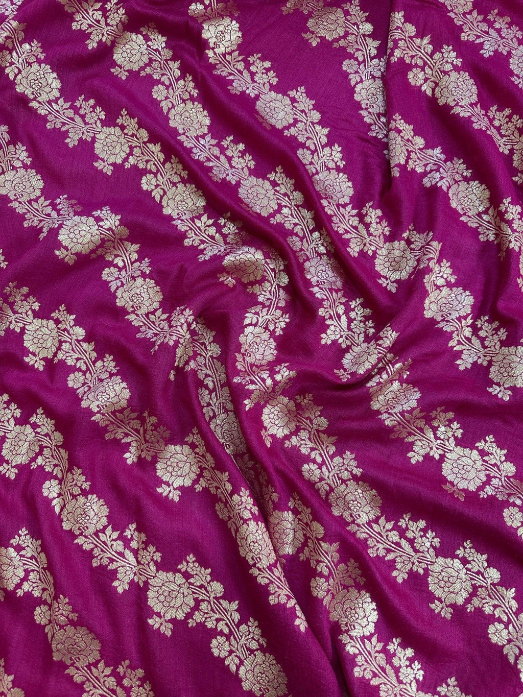 Rani Pink Pure Moonga Silk Banarasi Saree with Uppada Weave and Pure Gold Zari - front view | Pure Moonga Silk Banarasi Saree