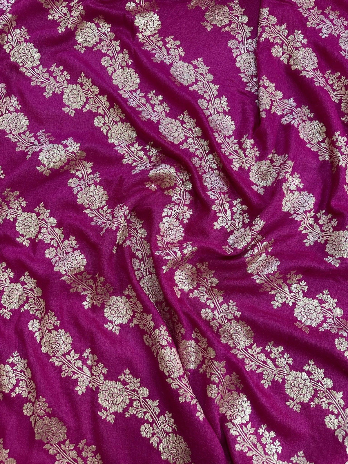 Rani Pink Pure Moonga Silk Banarasi Saree with Uppada Weave and Pure Gold Zari - front view | Pure Moonga Silk Banarasi Saree