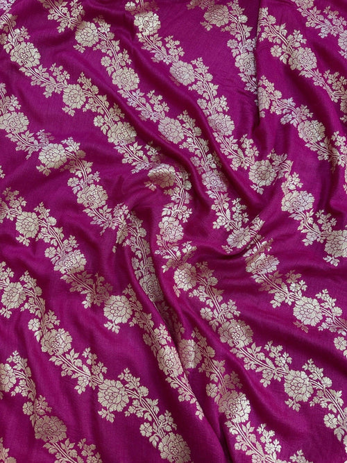 Rani Pink Pure Moonga Silk Banarasi Saree with Uppada Weave and Pure Gold Zari - front view | Pure Moonga Silk Banarasi Saree