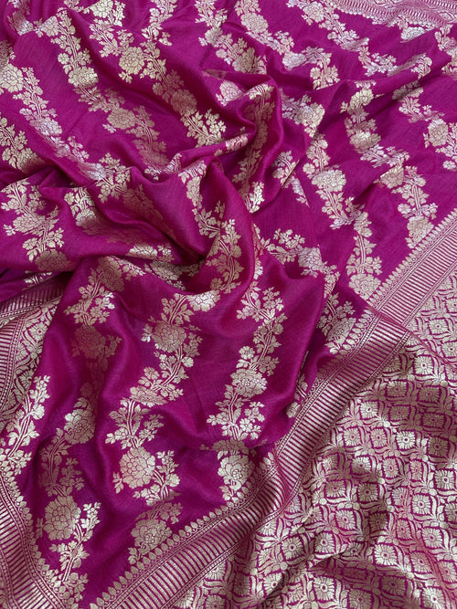 Rani Pink Pure Moonga Silk Banarasi Saree with Uppada Weave and Pure Gold Zari - Katan Banaras