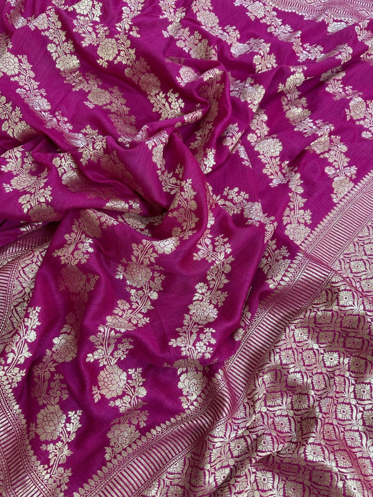 Rani Pink Pure Moonga Silk Banarasi Saree with Uppada Weave and Pure Gold Zari - pallu closeup | Pure Moonga Silk Banarasi Saree