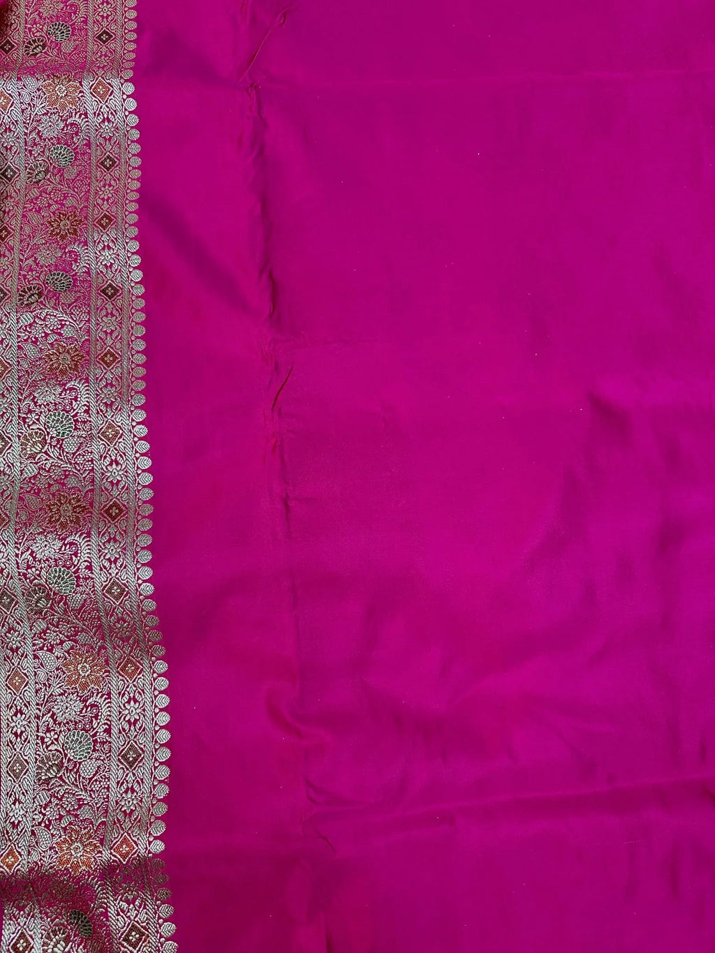 Rani Pink Pure Satin Silk Banarasi Saree with Gold Zari Floral Jaal and Rich Border - Katan Banaras