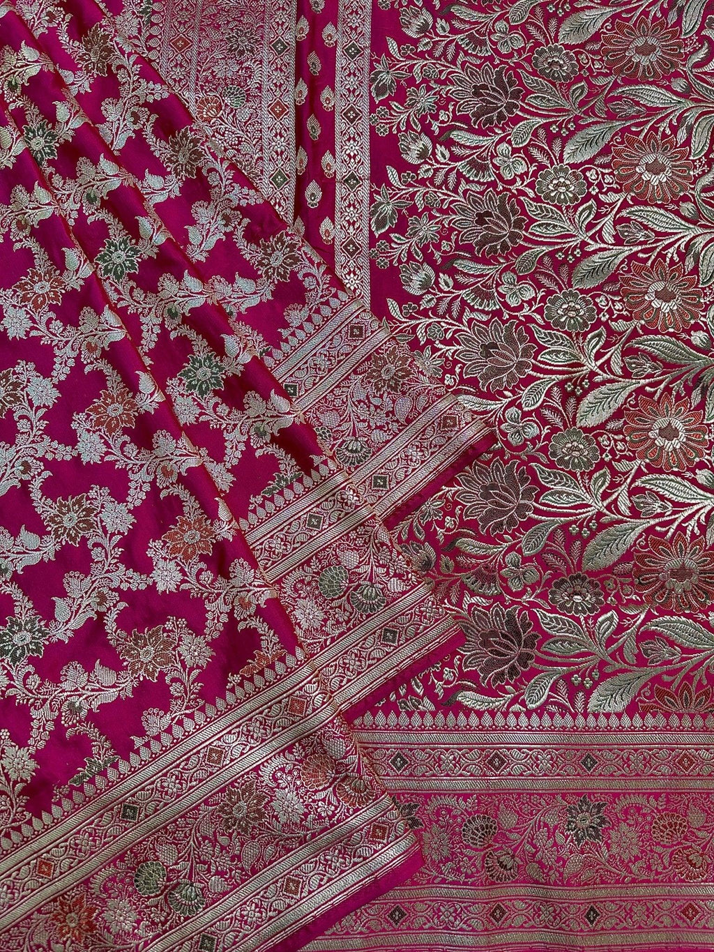 Rani Pink Pure Satin Silk Banarasi Saree with Gold Zari Floral Jaal and Rich Border - Katan Banaras