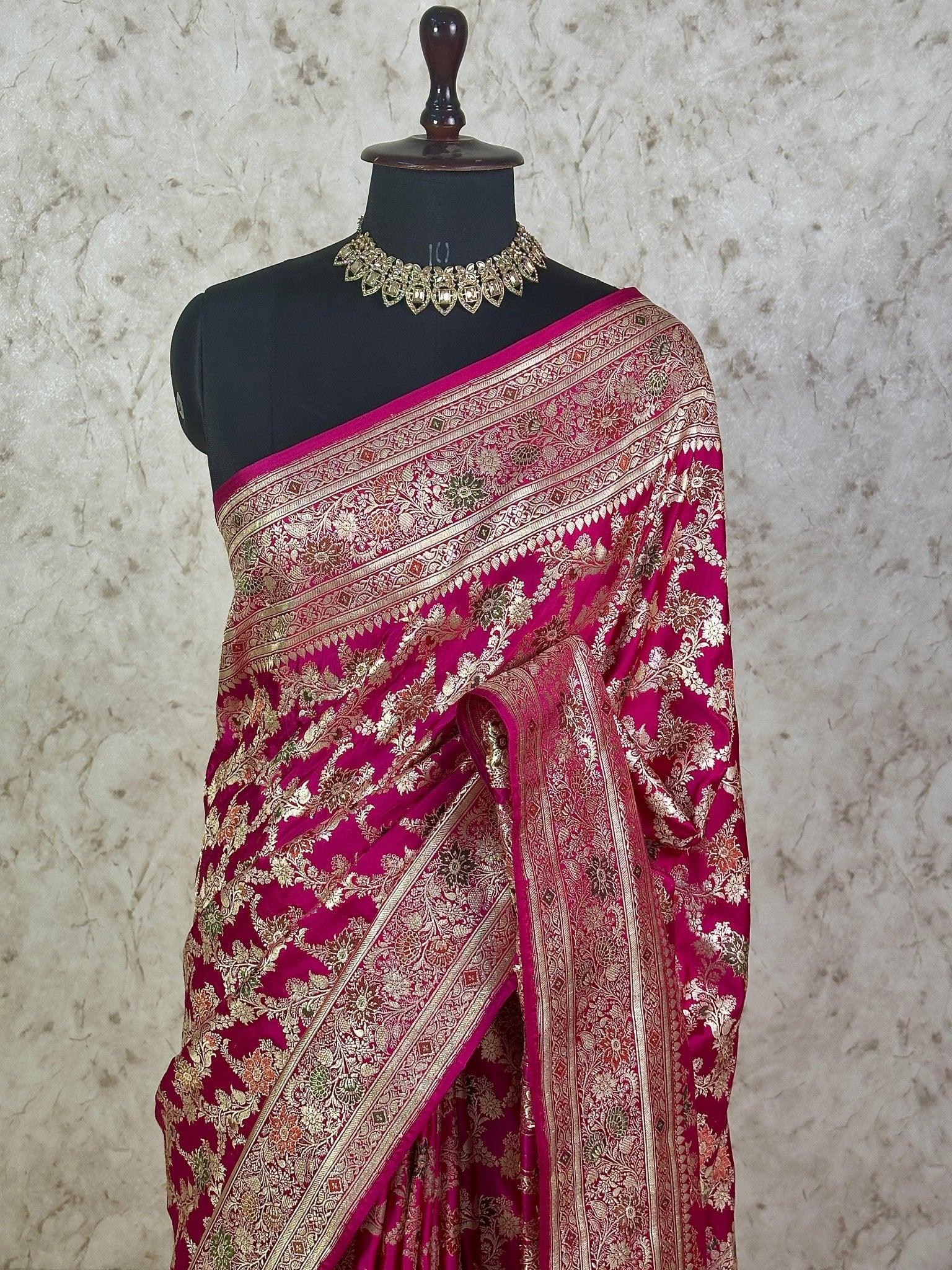Rani Pink Pure Satin Silk Banarasi Saree with Gold Zari Floral Jaal and Rich Border - Katan Banaras