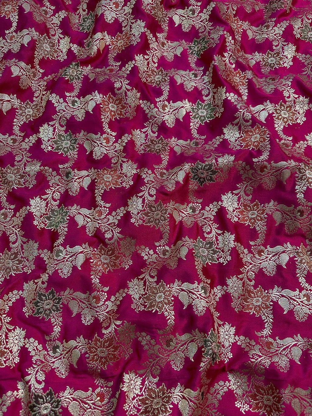 Rani Pink Pure Satin Silk Banarasi Saree with Gold Zari Floral Jaal and Rich Border - Katan Banaras