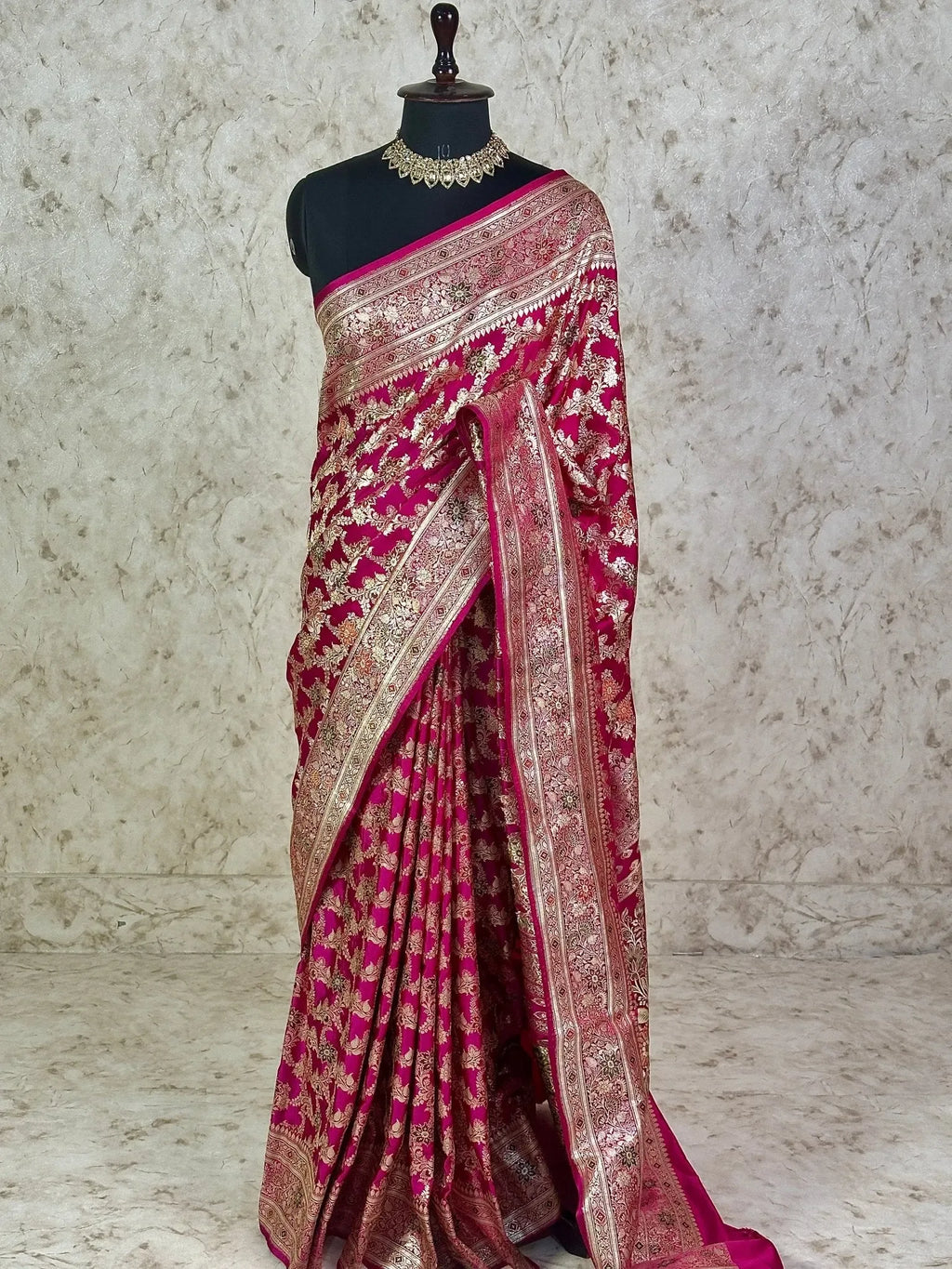 Rani Pink Pure Satin Silk Banarasi Saree with Gold Zari Floral Jaal and Rich Border - Katan Banaras