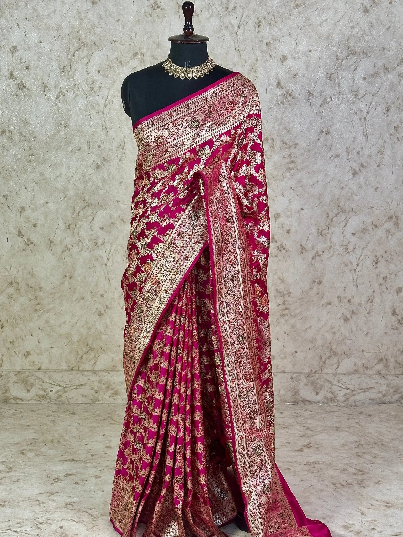 Rani Pink Pure Satin Silk Banarasi Saree with Gold Zari Floral Jaal and Rich Border - Katan Banaras