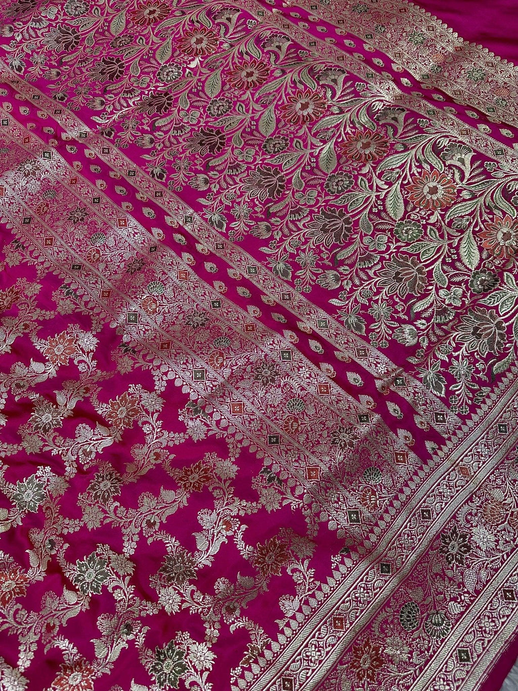 Rani Pink Pure Satin Silk Banarasi Saree with Gold Zari Floral Jaal and Rich Border - Katan Banaras