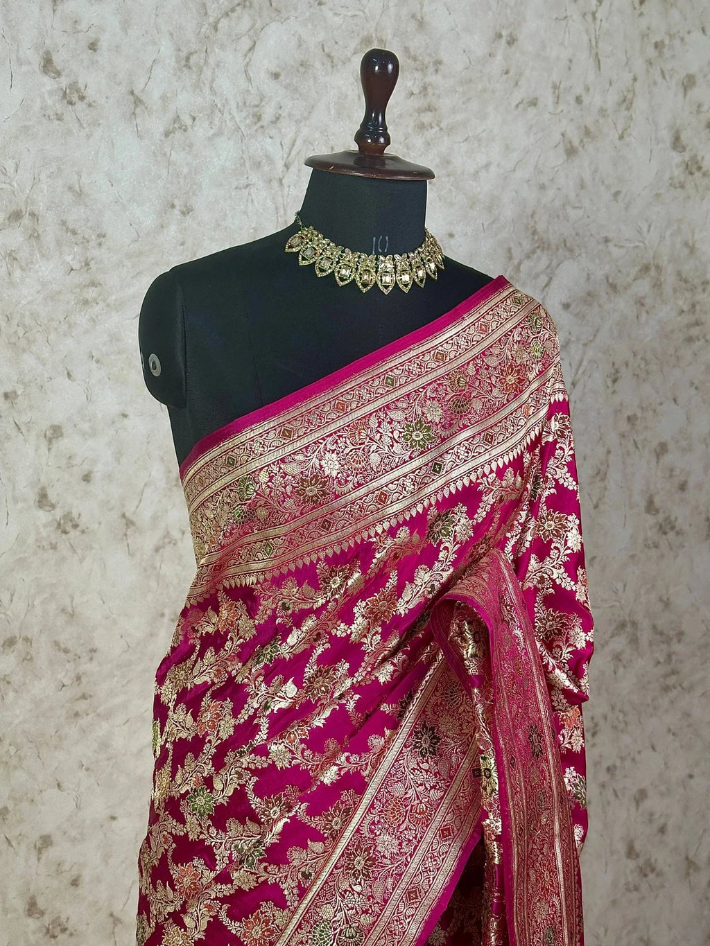 Rani Pink Pure Satin Silk Banarasi Saree with Gold Zari Floral Jaal and Rich Border - Katan Banaras