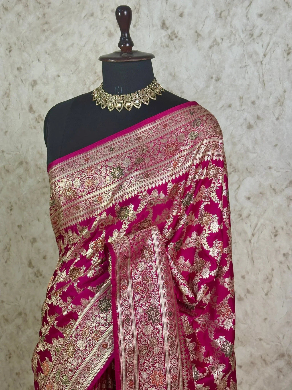 Rani Pink Pure Satin Silk Banarasi Saree with Gold Zari Floral Jaal and Rich Border - Katan Banaras
