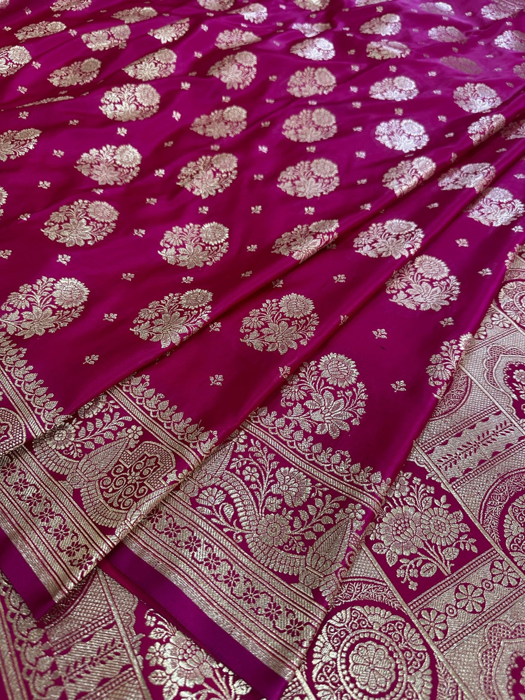 Rani Pink Satin Silk Banarasi Saree with Designer Border and Aanchal - Katan Banaras