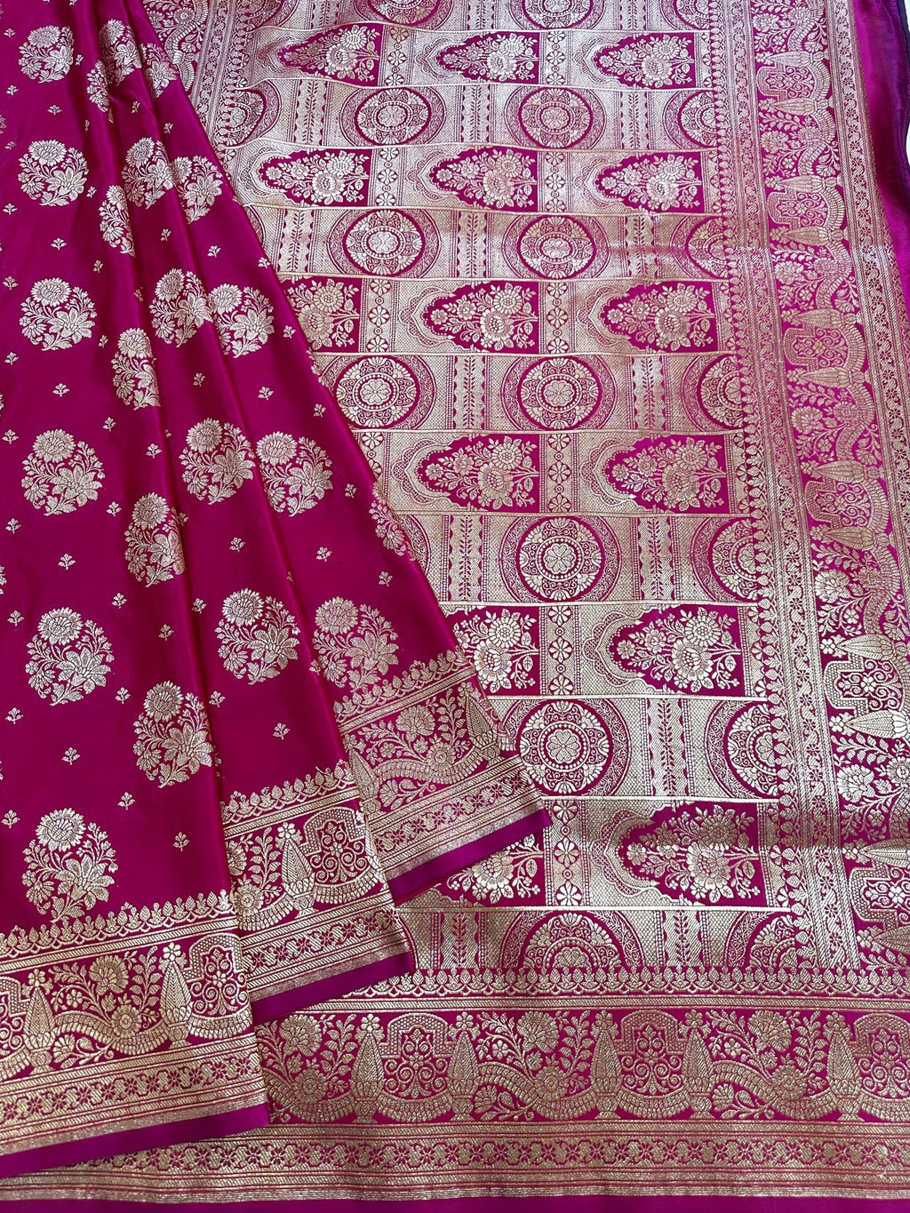 Rani Pink Satin Silk Banarasi Saree with Designer Border and Aanchal - Katan Banaras