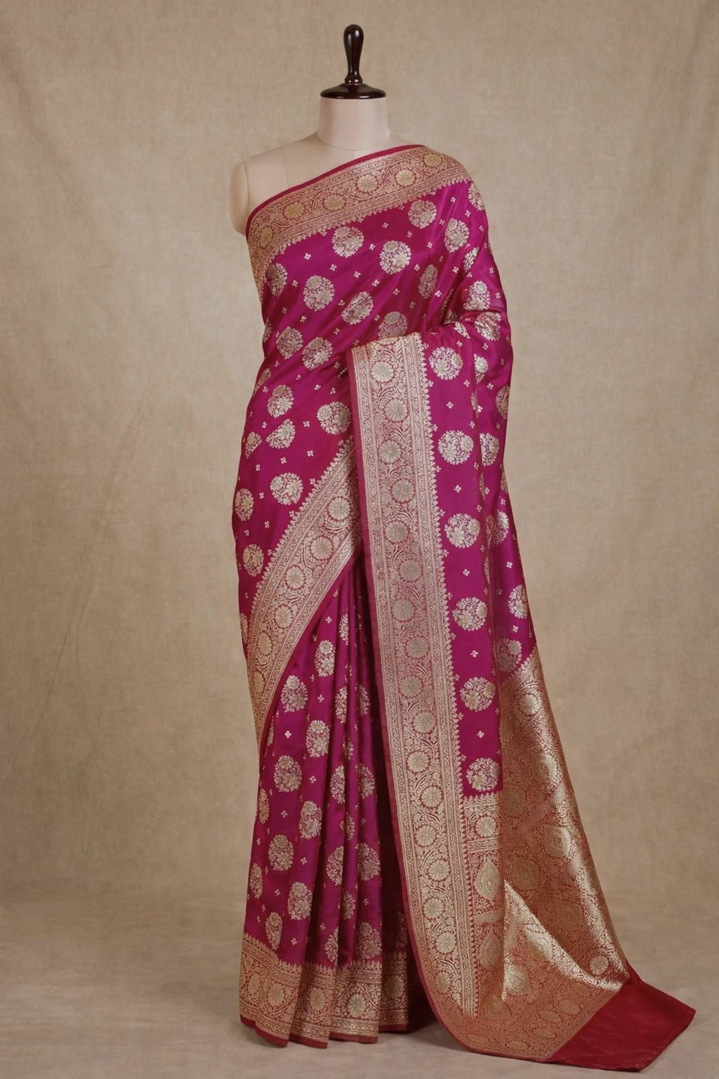 Rani Pink Satin Silk Banarasi Saree with Designer Border and Aanchal - Katan Banaras
