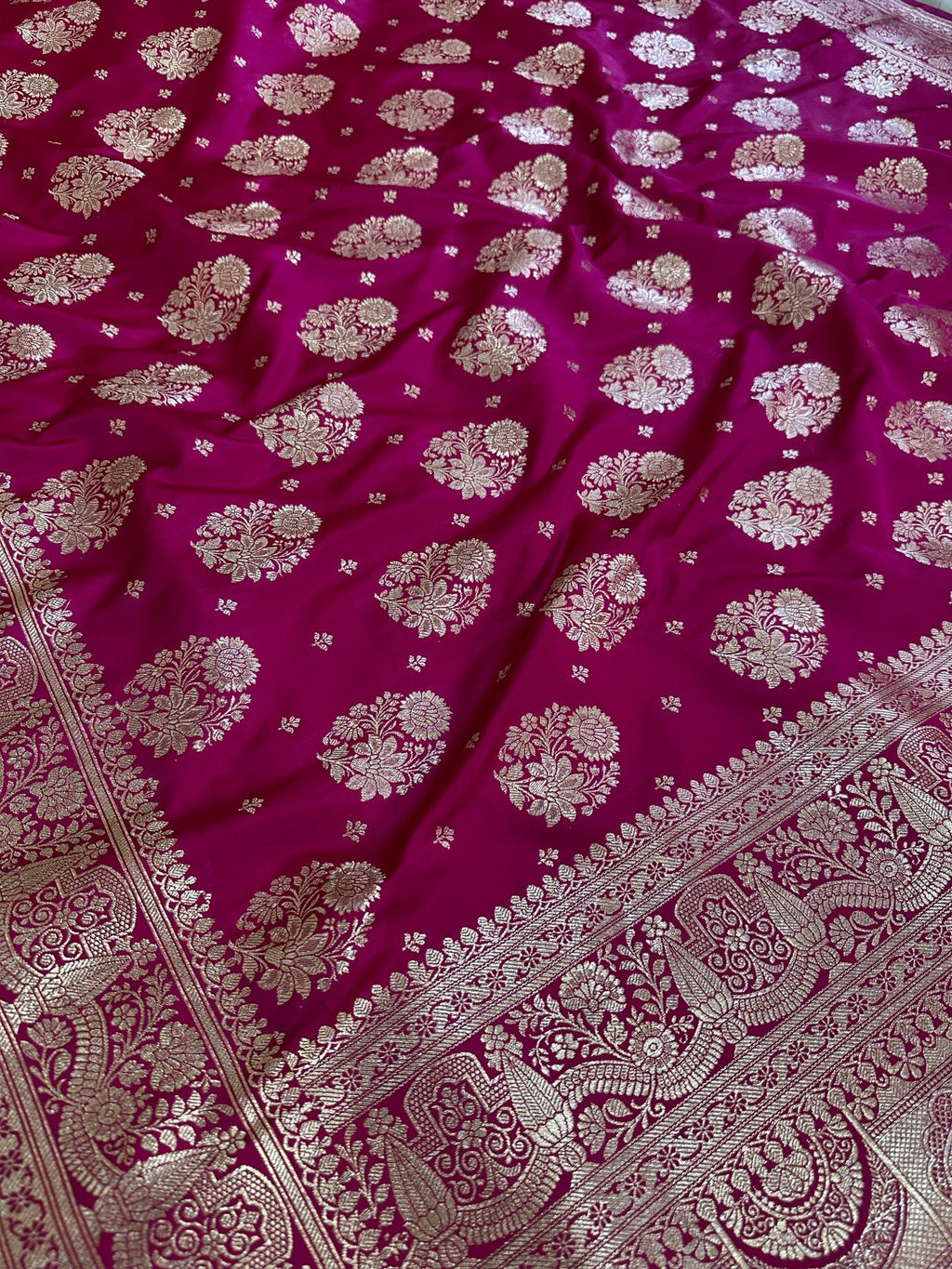 Rani Pink Satin Silk Banarasi Saree with Designer Border and Aanchal - Katan Banaras