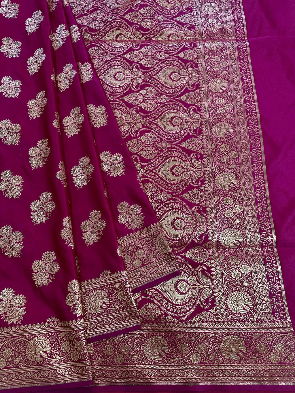 Rani Pink Satin Silk Banarasi Saree with Designer Zari and Mughal-Inspired Aanchal - Katan Banaras