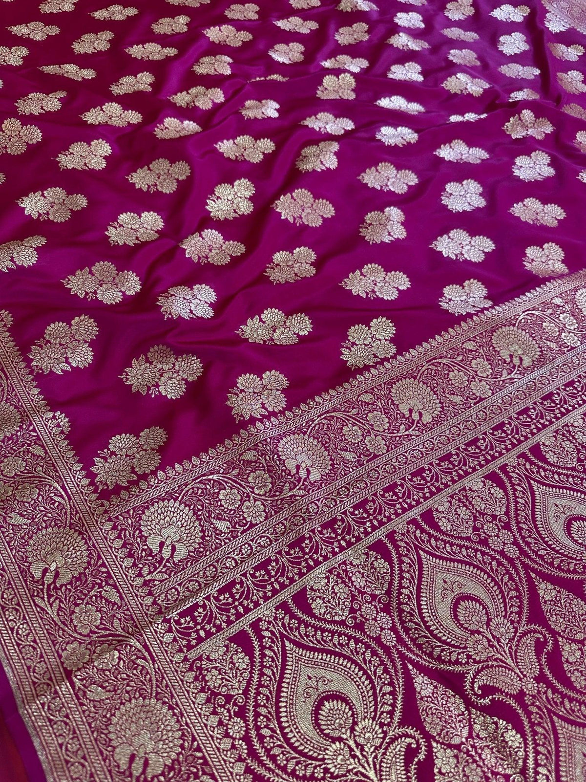 Rani Pink Satin Silk Banarasi Saree with Designer Zari and Mughal-Inspired Aanchal - Katan Banaras