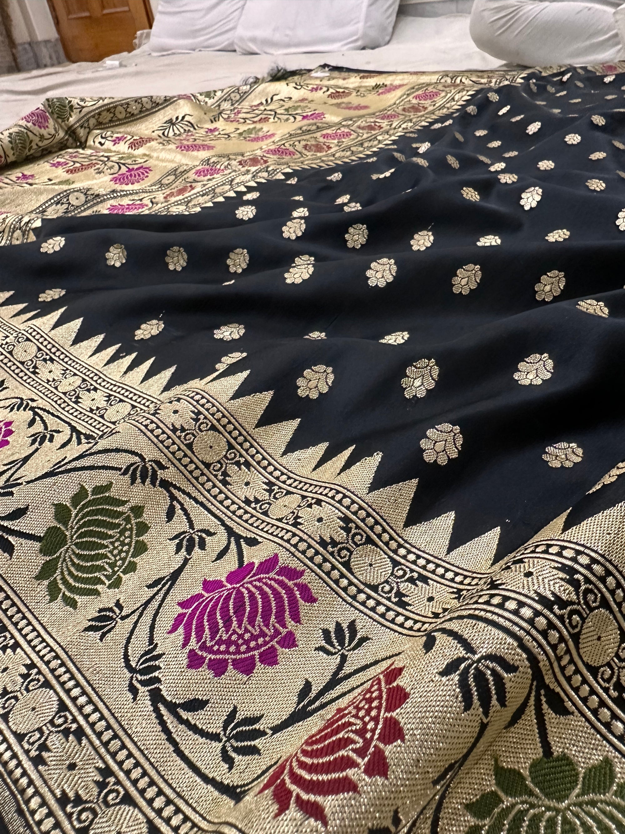 Genuine real zari work craftsmanship on Pure Satin Silk Banarasi saree