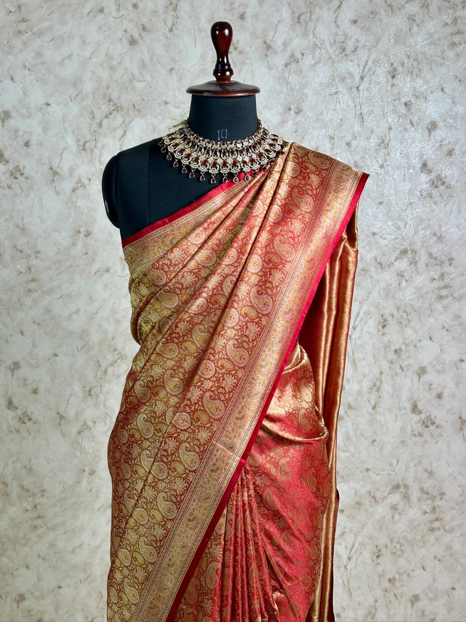 Red Gold Pure Banarasi Handloom Jamawar Tanchui Kadhwa Interlocked Weaved Saree - Katan Banaras